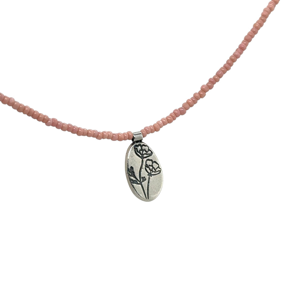 Necklace - Pale Pink Charolette Seed Beads with California Poppy Stamped Pendant
