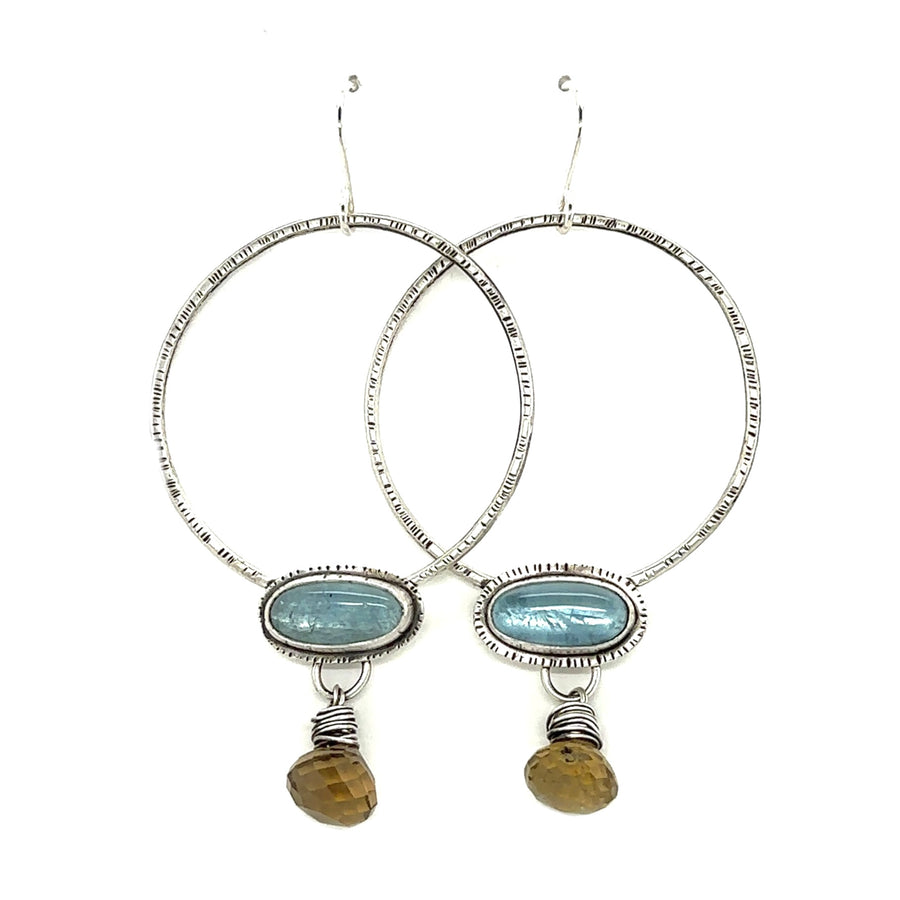 Earrings - Large Circles with Aquamarine and Smoky Quartz