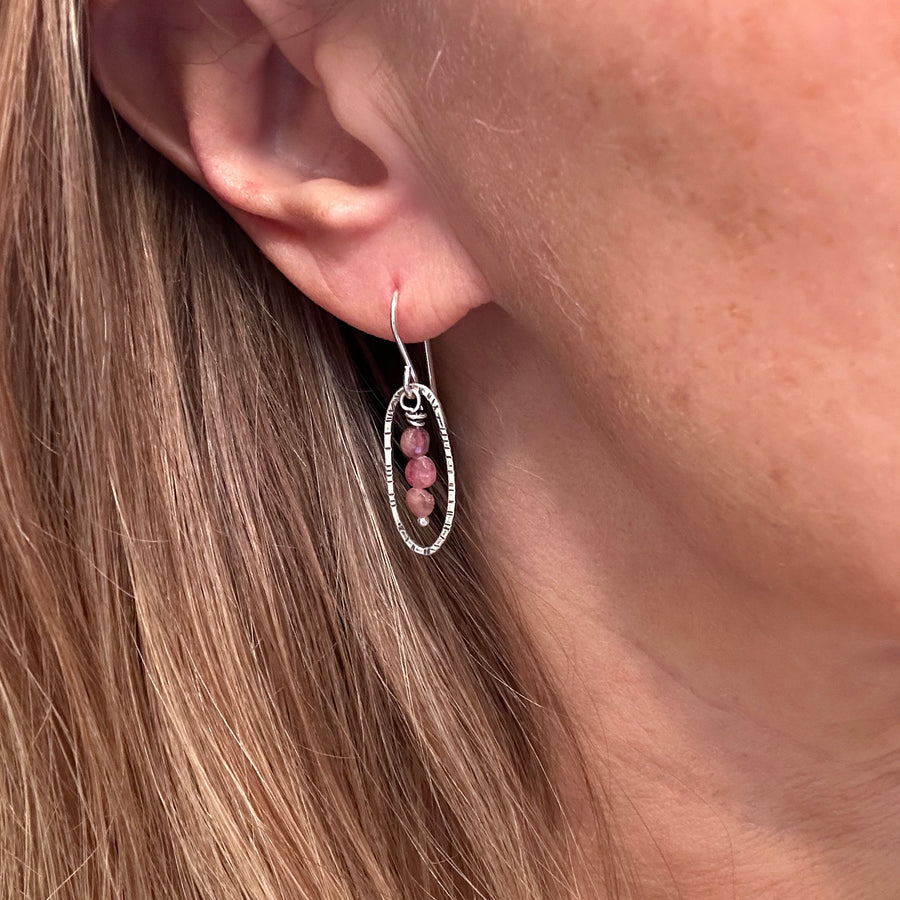 Earrings - Stamped Ovals with Pink Tourmaline