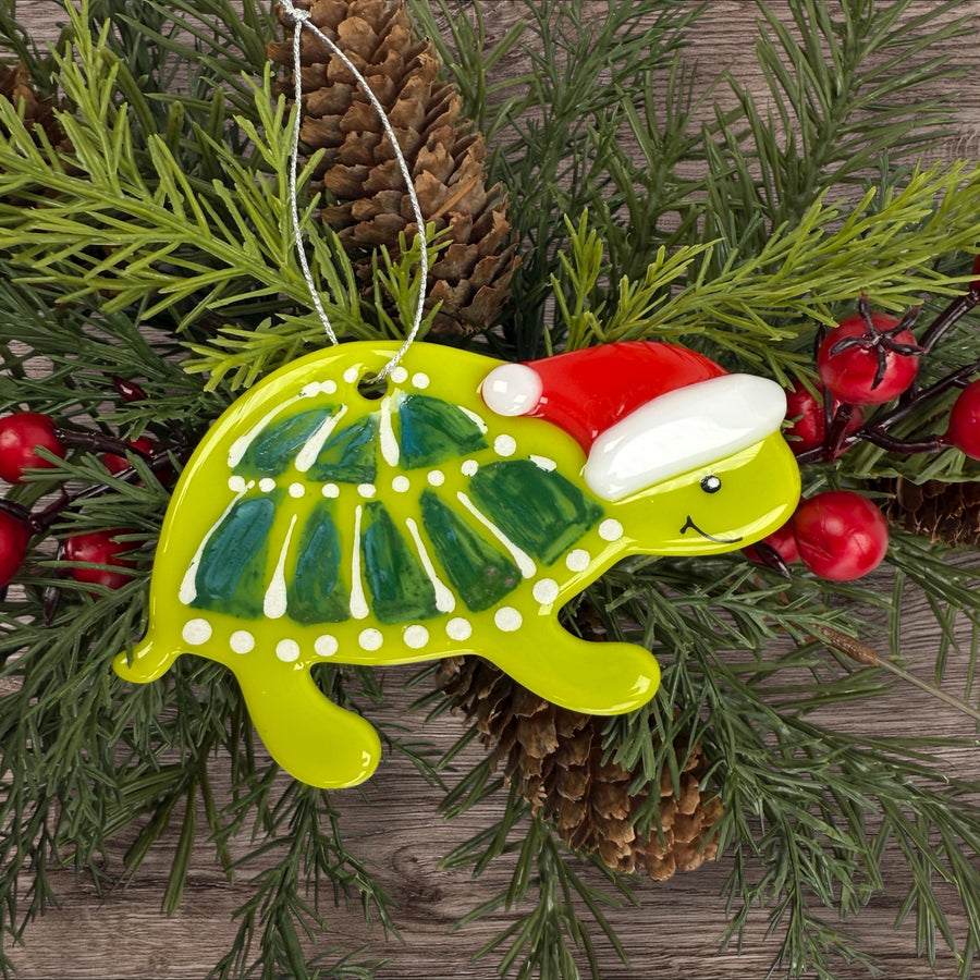 Santa Turtle Glass Ornament
