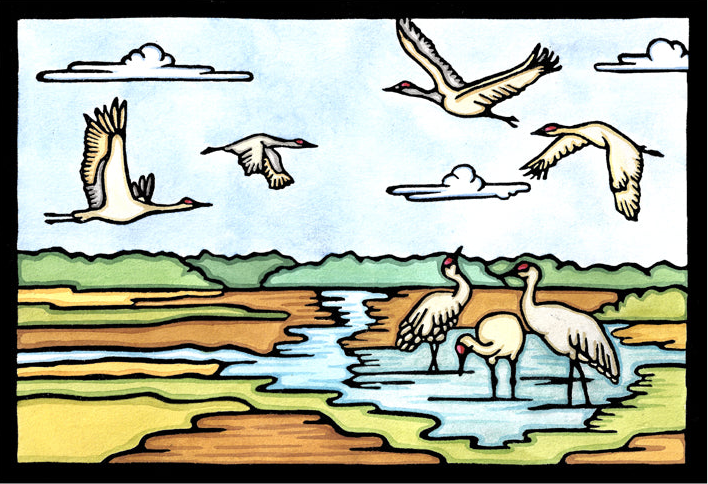 Sandhill Cranes - Original Linocut