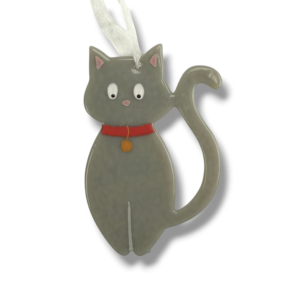 Grey Cat Glass Ornament