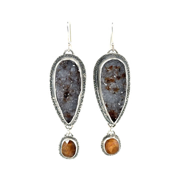 Earrings - Druzy and Golden Fire Moonstone