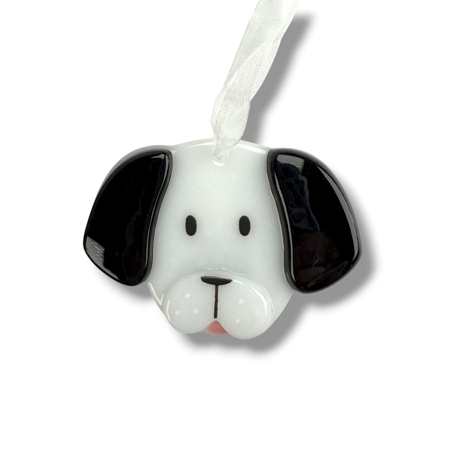 Dog Glass Ornament - White with Black Ears