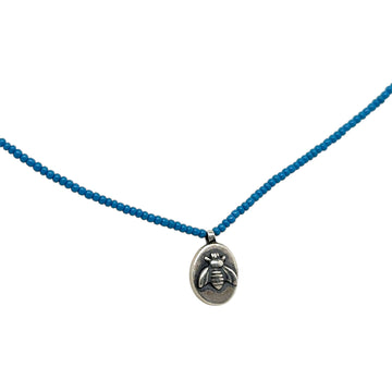 Necklace - Blue Charolette Seed Beads with Stamped Pendant