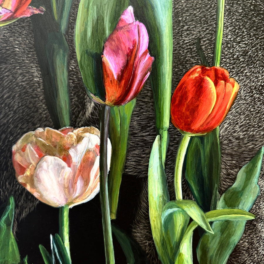 Tulips and Doe 2024 - Original Scratchboard