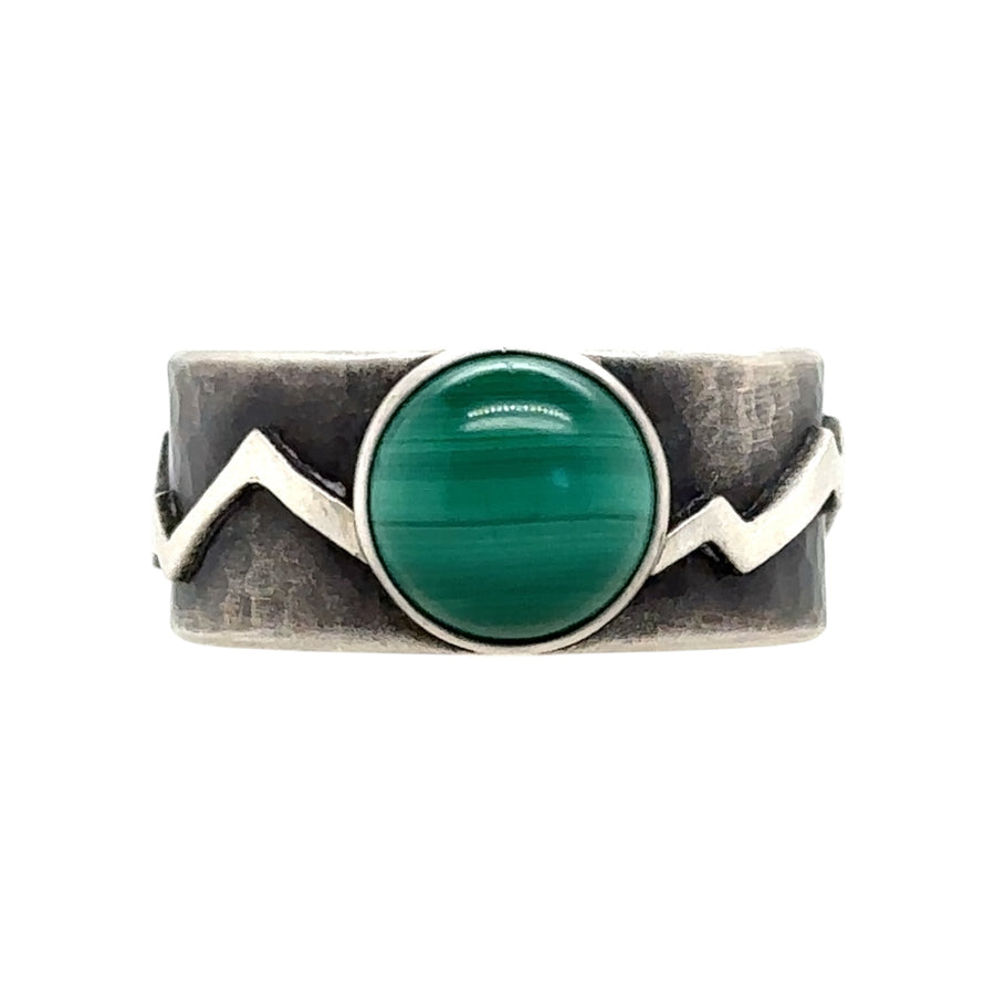 Malachite Ring with Hammered Band and Mountains
