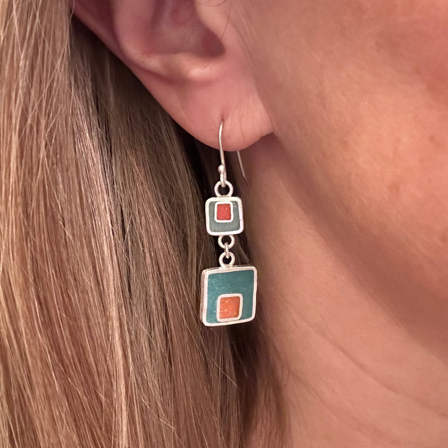 Earrings - Resin - Teal and Orange Squares