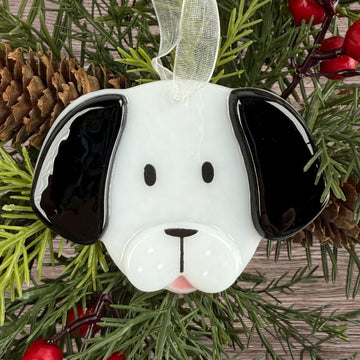 Dog Glass Ornament - White with Black Ears