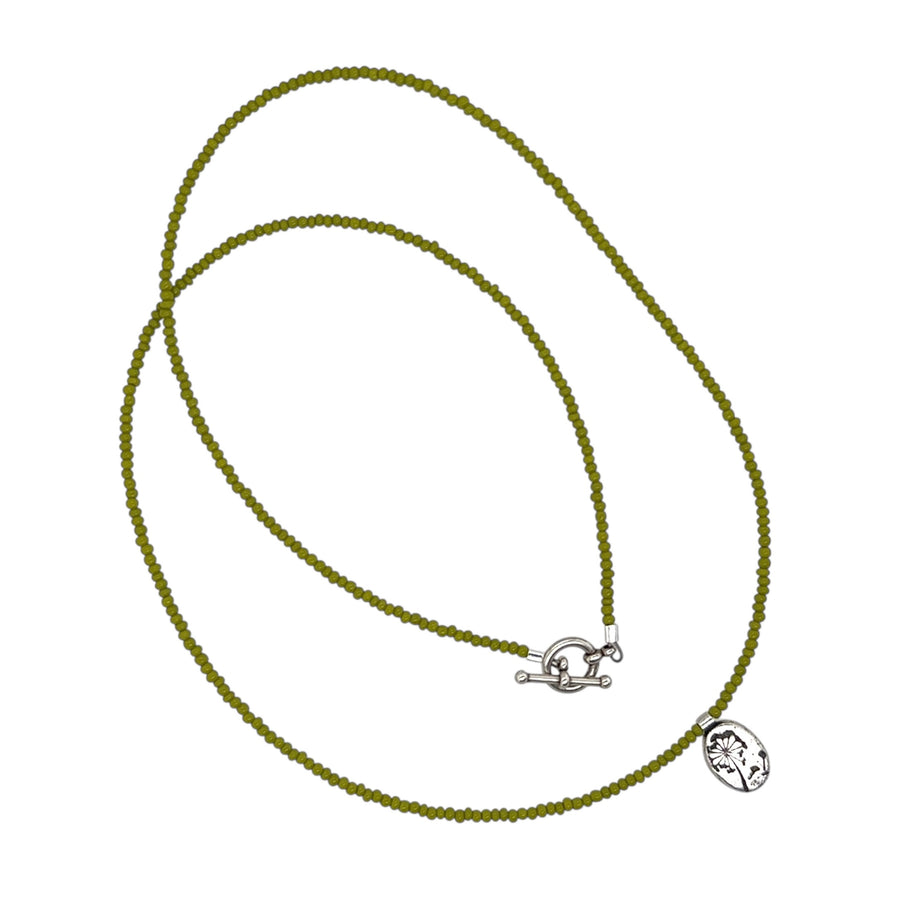 Necklace - Lime Green Seed Beads with Dandelion Stamped Pendant