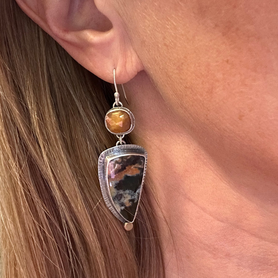 Earrings - Golden Fire Moonstone and Petrified Wood