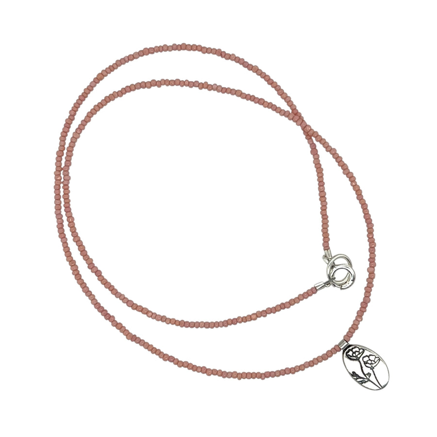 Necklace - Pale Pink Charolette Seed Beads with California Poppy Stamped Pendant