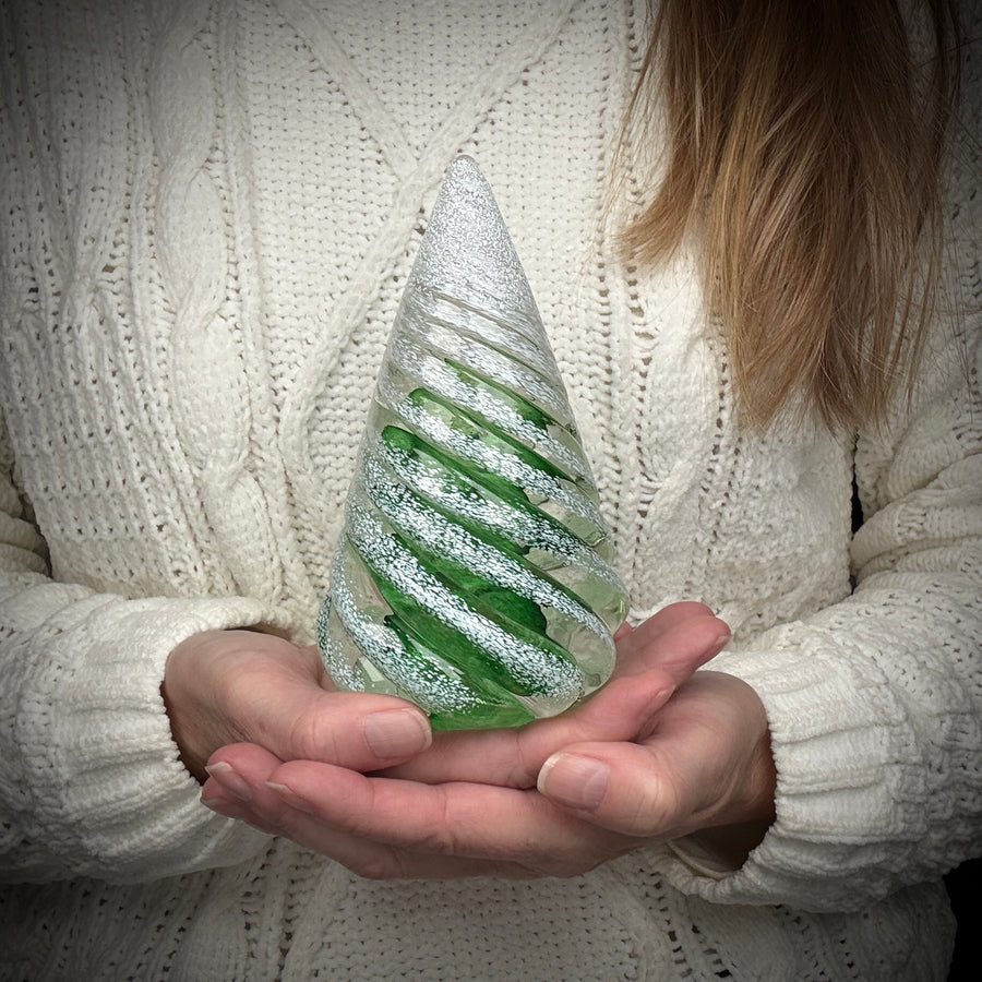 Small Spiral Glass Tree with Snow - Light Green