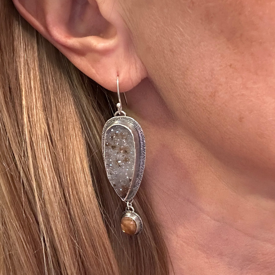 Earrings - Druzy and Golden Fire Moonstone