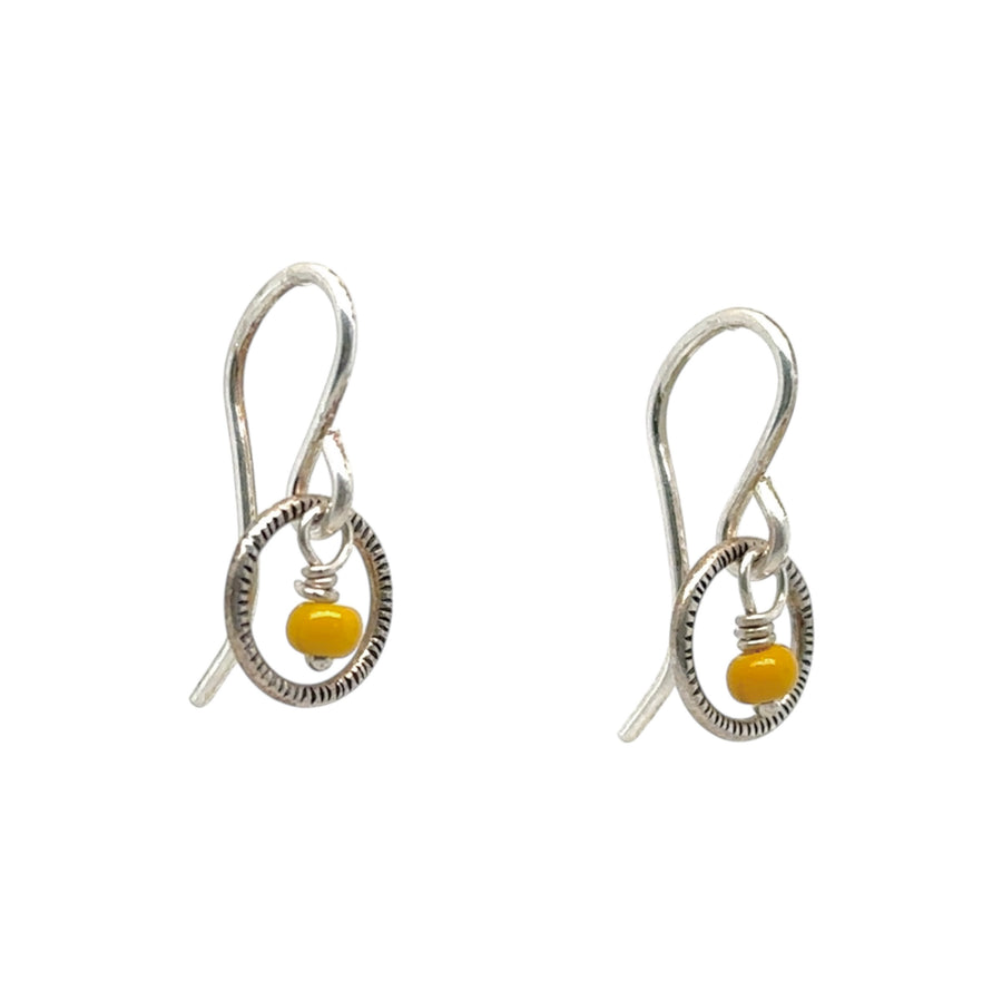 Earrings - Sterling Circle with Vintage Mustard Glass Bead
