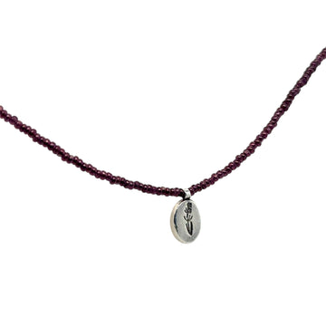 Necklace - Purple Charolette Seed Beads with Stamped Pendant