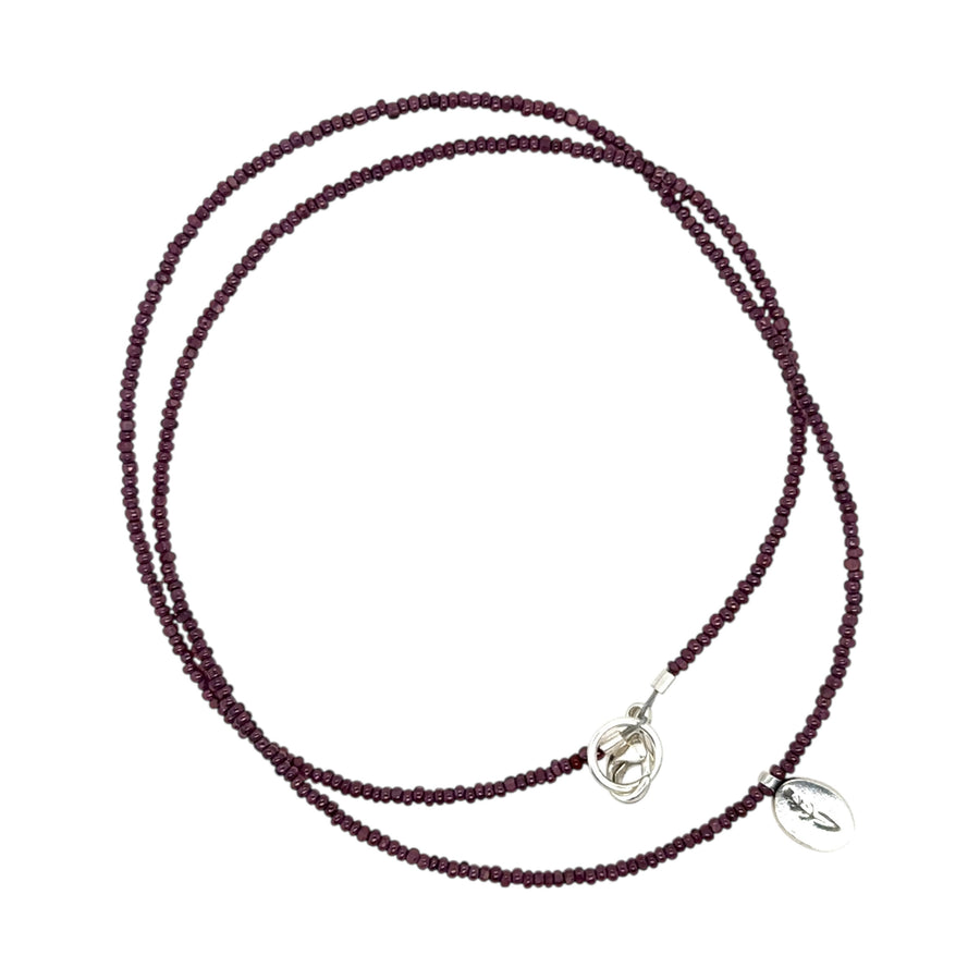 Necklace - Purple Charolette Seed Beads with Stamped Pendant