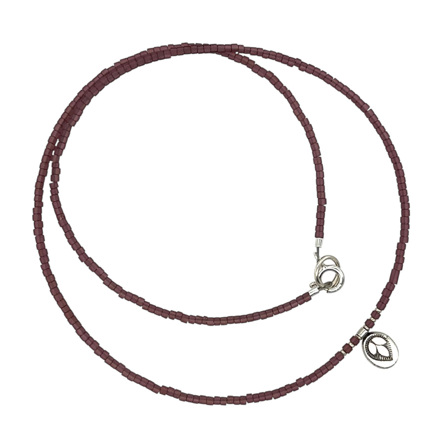 Necklace - Matte Purple Glass Beads with India Leaf Stamped Pendant