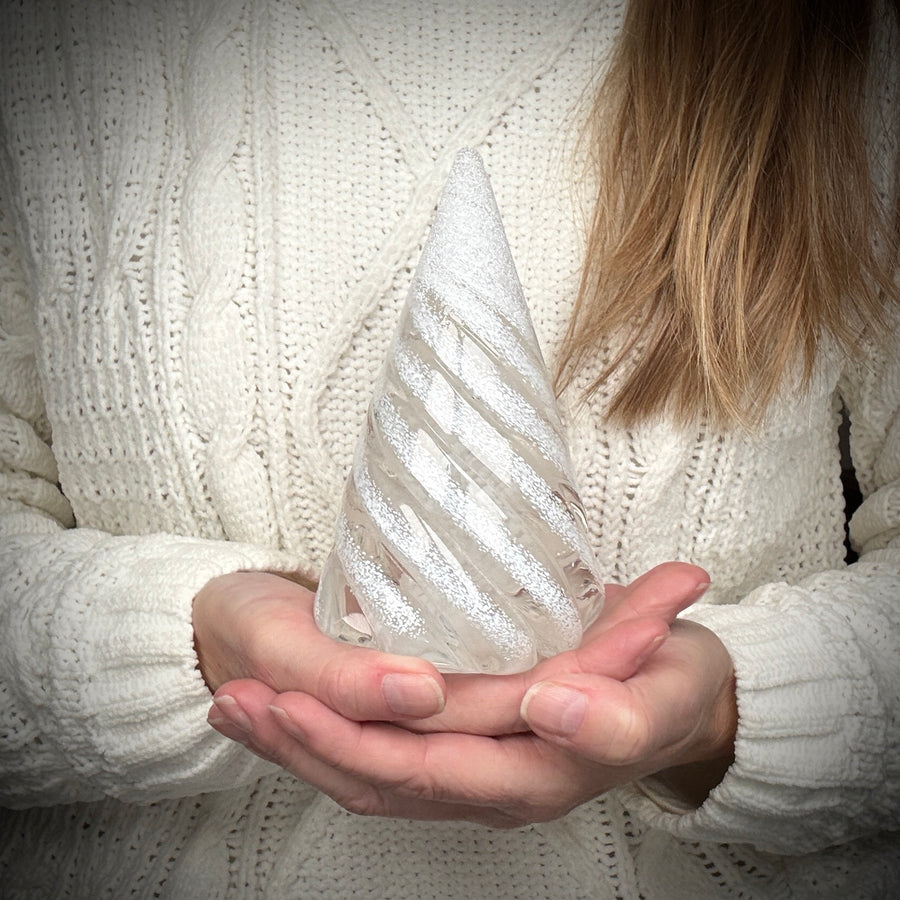 Small Spiral Glass Tree with Snow - White