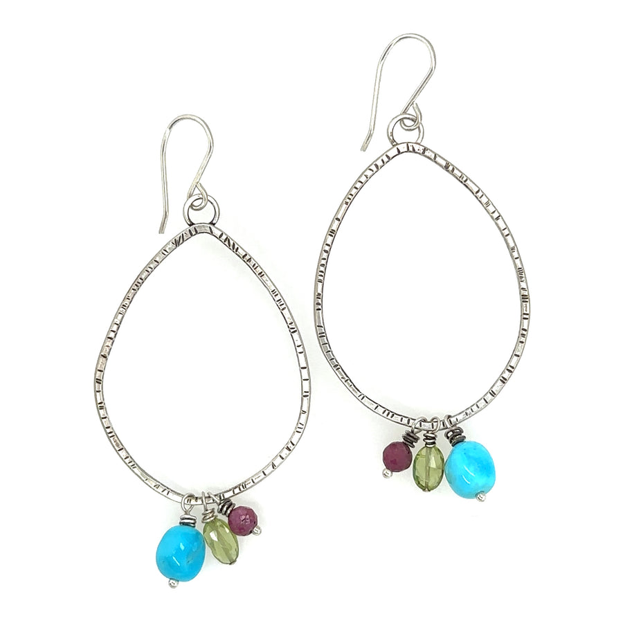 Earrings - Large Teardrop with Turquoise, Ruby and Peridot