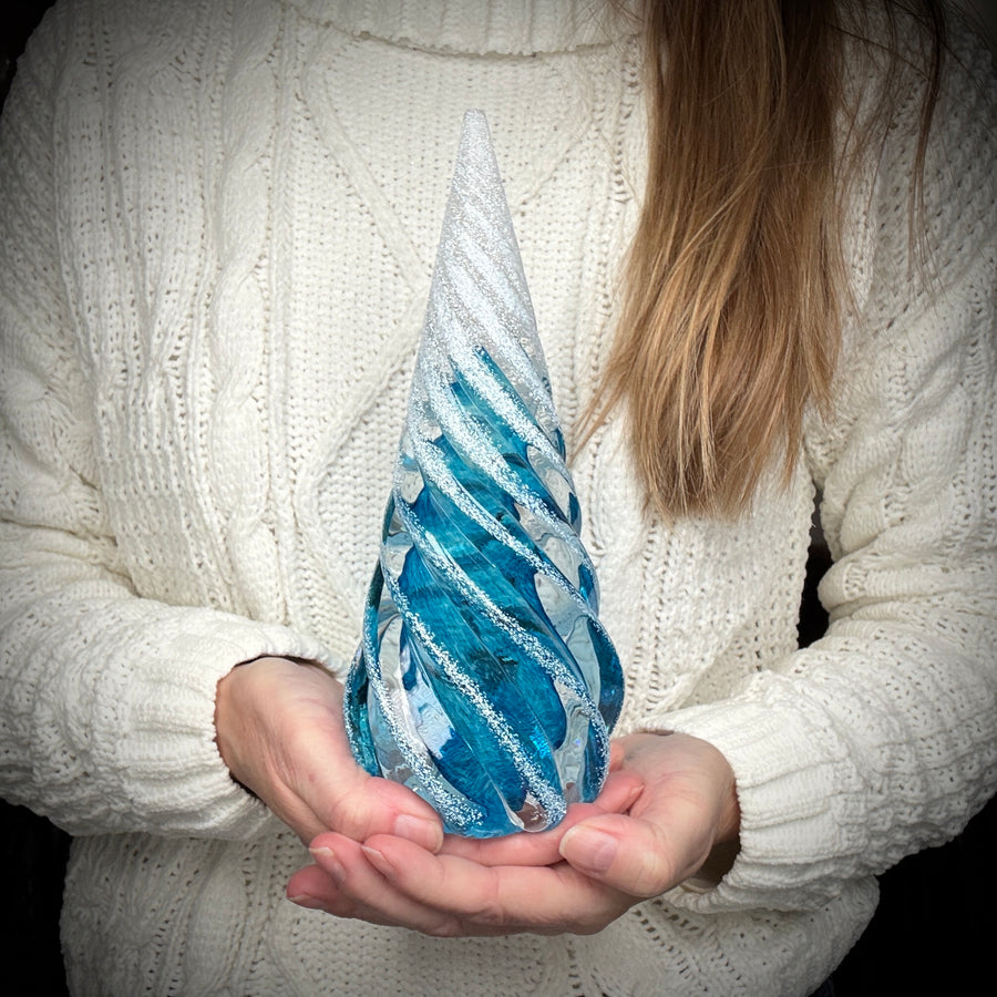 Large Spiral Glass Tree with Snow - Aqua