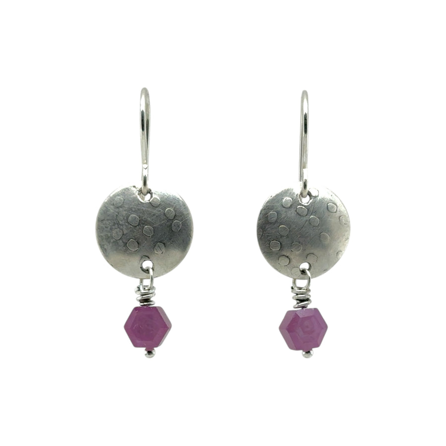 Earrings - Stamped Disks with Ruby