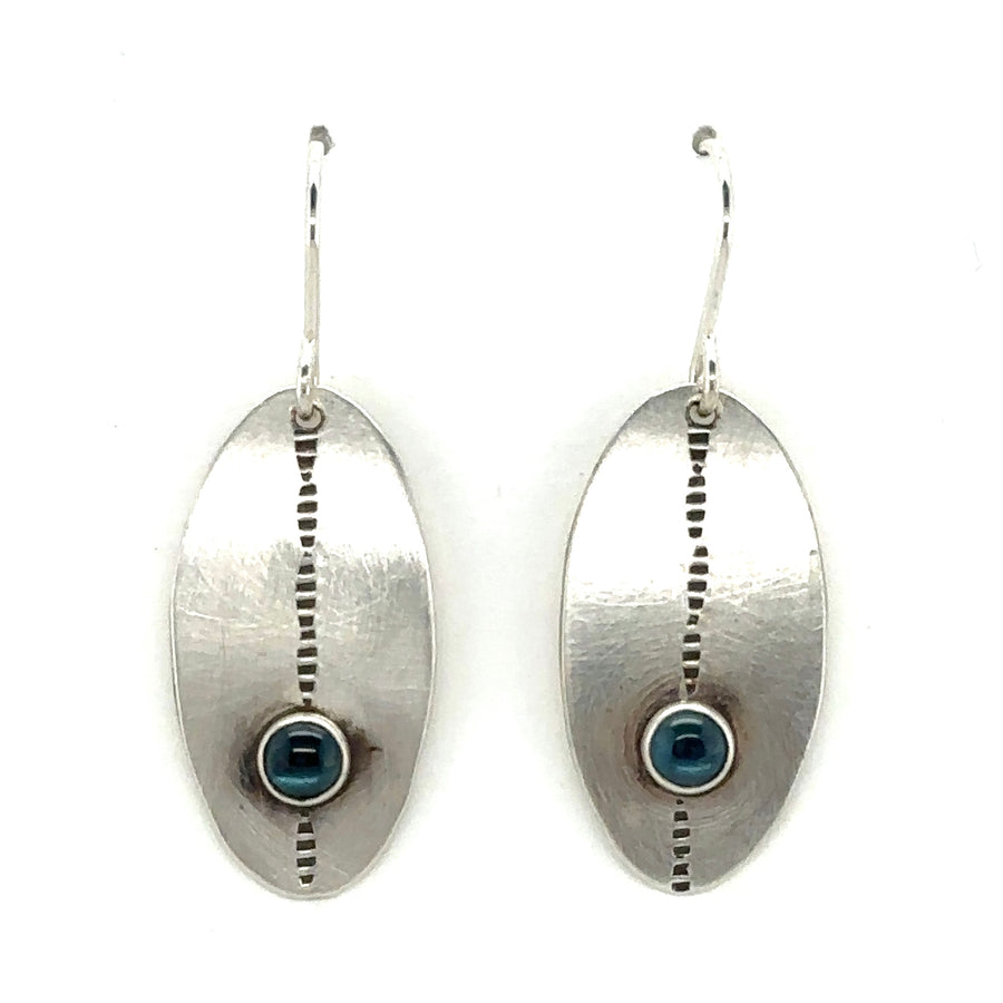 Earrings - Small Stamped Shields with London Blue Topaz