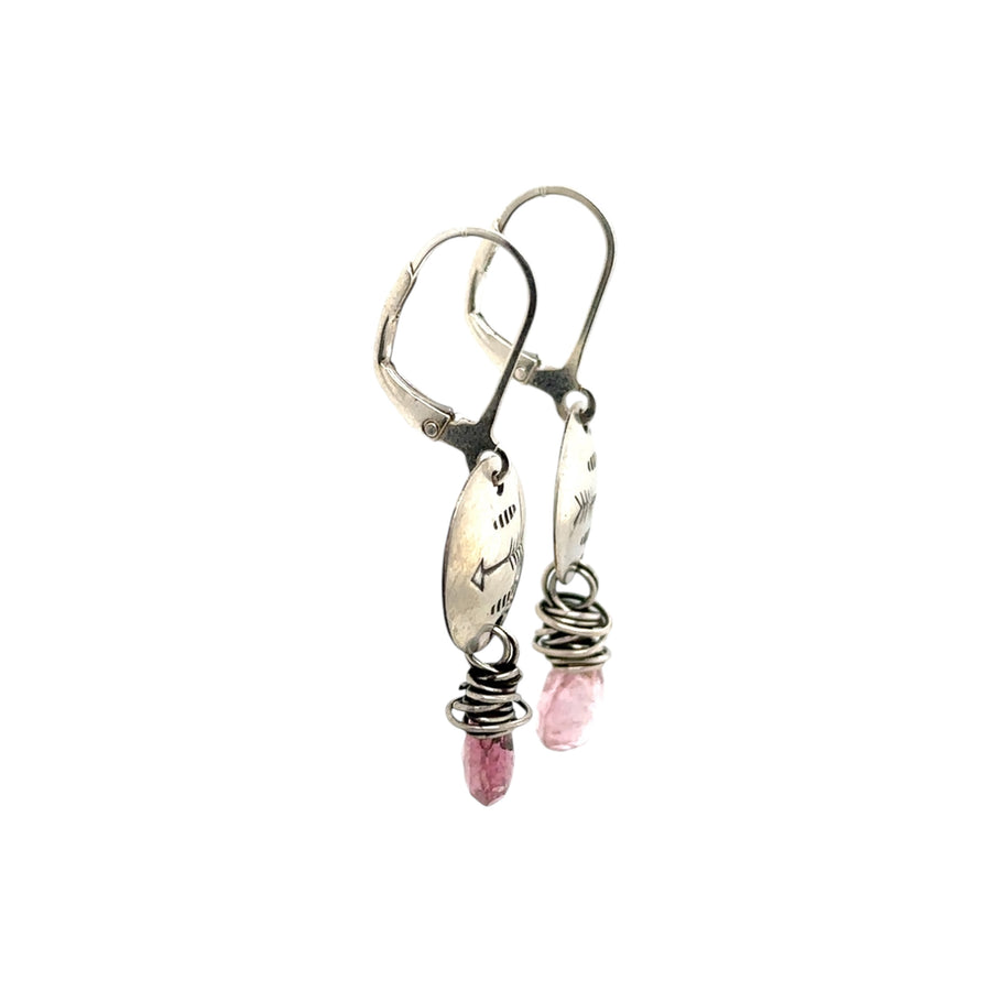 Earrings - Stamped Disks with Pink Tourmaline