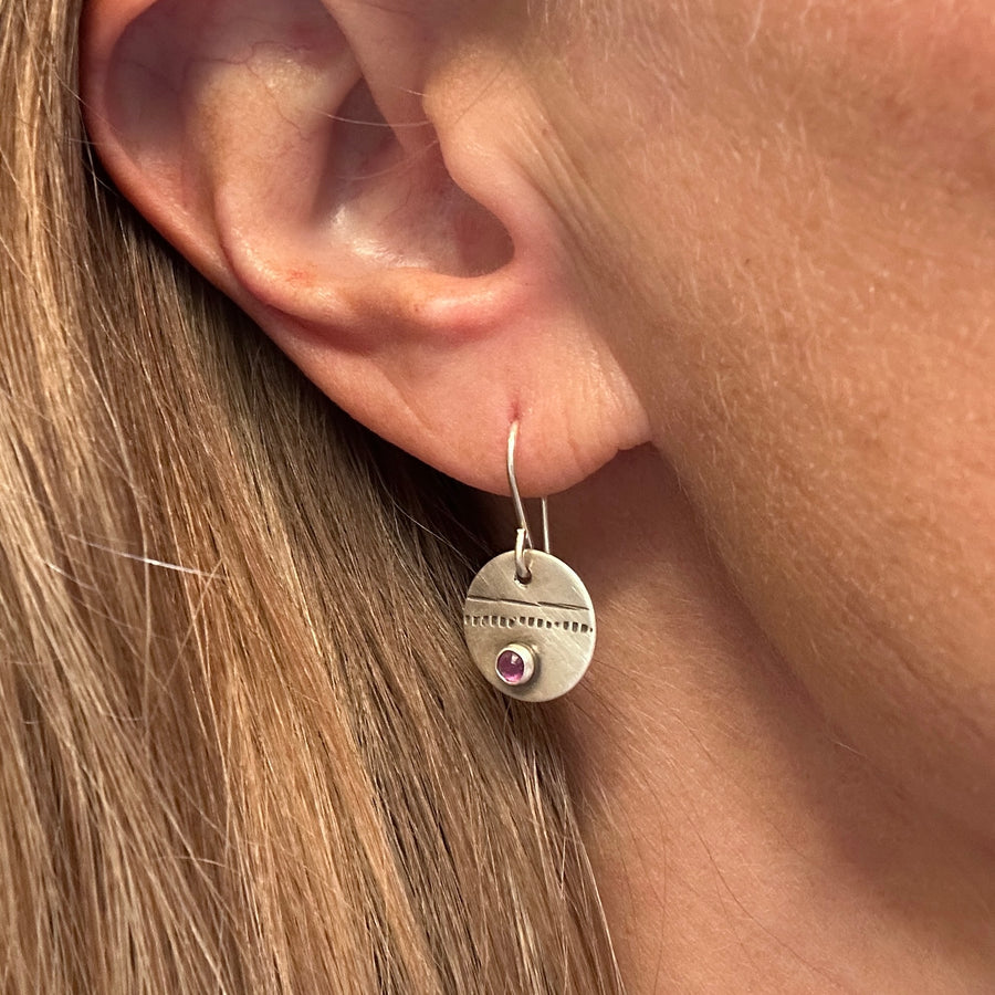 Earrings - Pink Tourmaline on Silver Disks