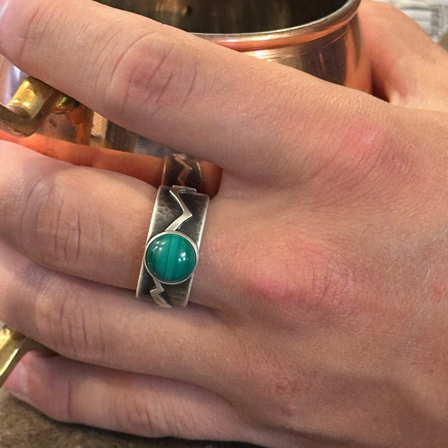Malachite Ring with Hammered Band and Mountains