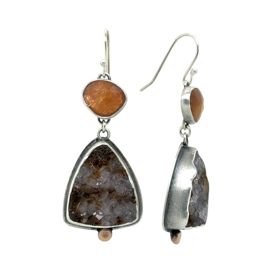 Earrings - Drusy and Golden Fire Moonstone