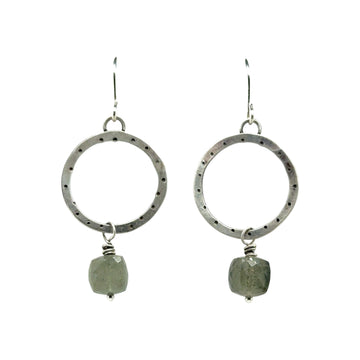 Earrings - Stamped Circles with Moss Aquamarine
