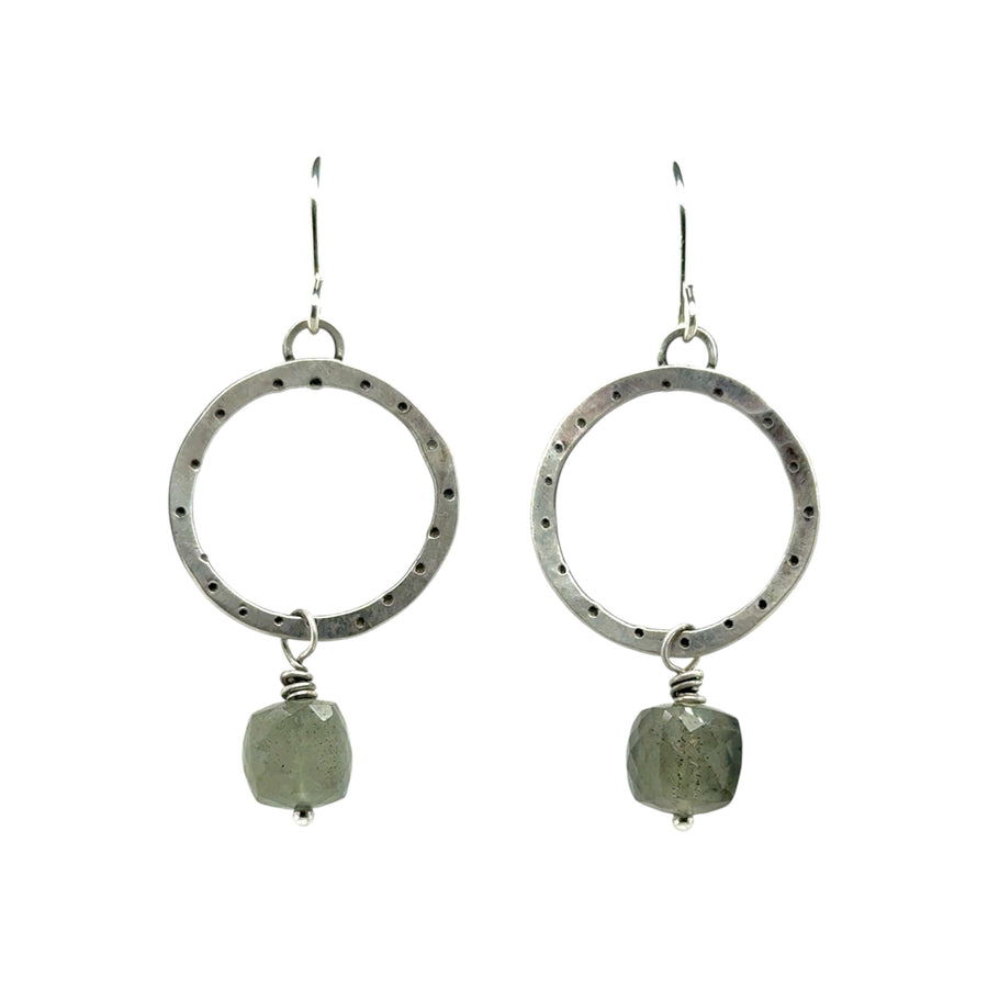 Earrings - Stamped Circles with Moss Aquamarine