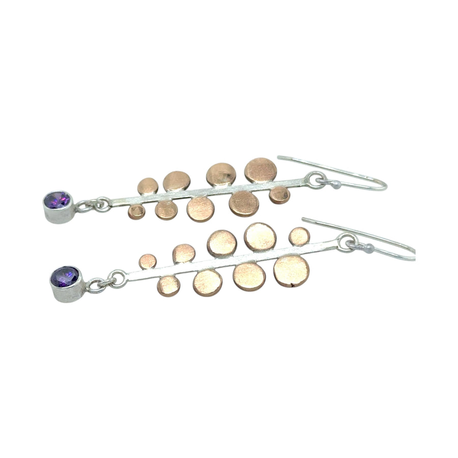 Earrings - Amethyst with Stick and Brass Discs