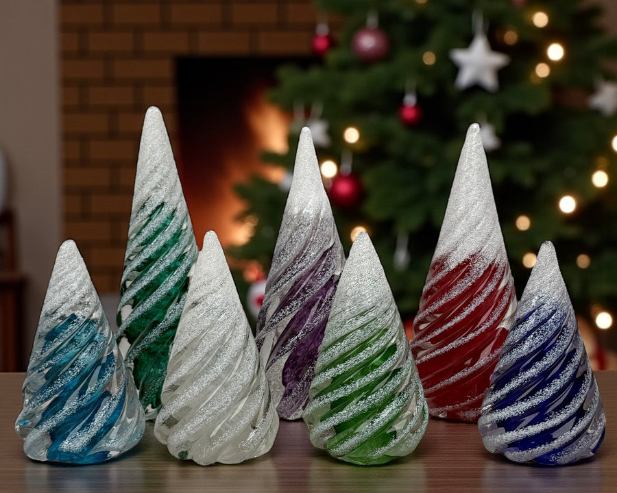 Large Spiral Glass Tree with Snow - Aqua