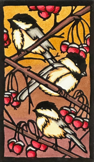 Three Chickadees - Original Linocut