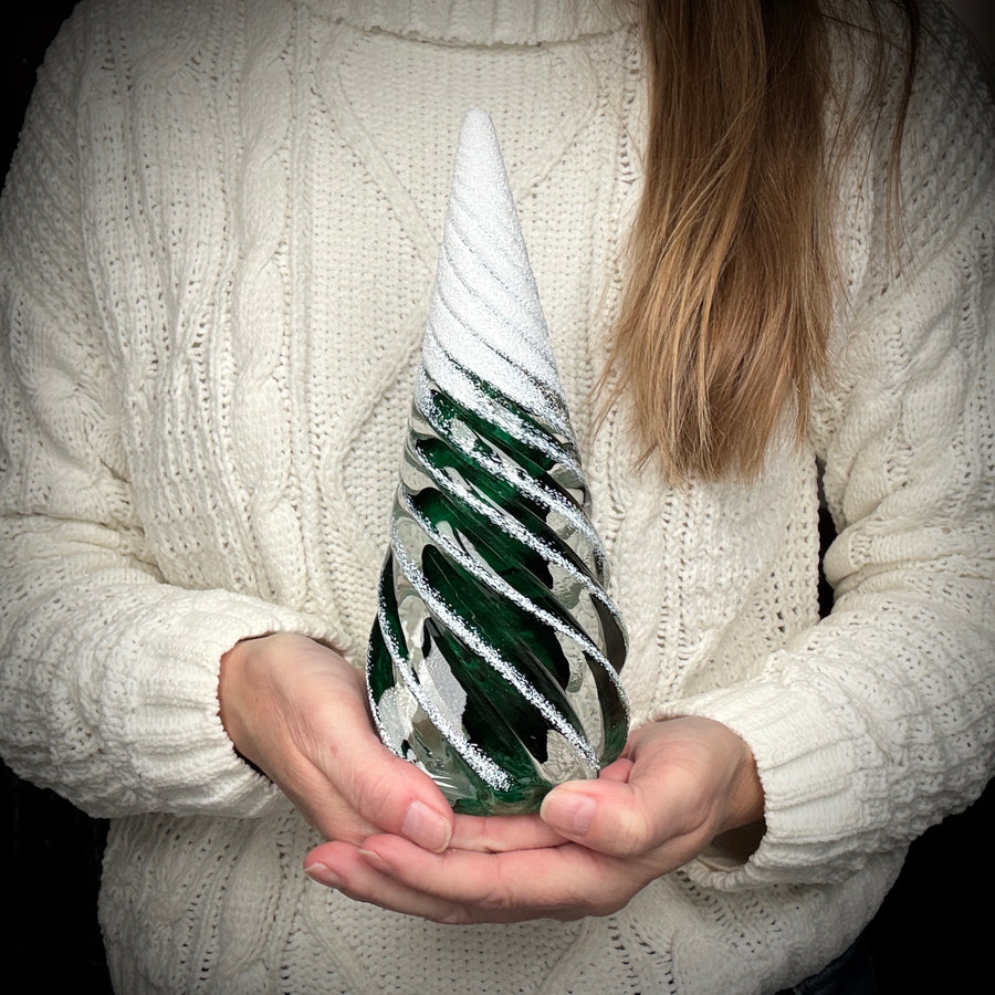 Large Spiral Glass Tree with Snow - Dark Green