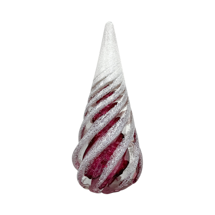 Large Spiral Glass Tree with Snow - Ruby