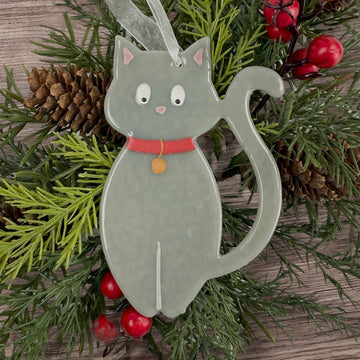 Grey Cat Glass Ornament