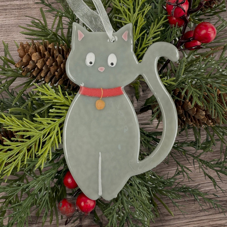 Grey Cat Glass Ornament