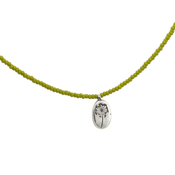 Necklace - Czech Glass Limey/Mustard Beads with Stamped Pendant