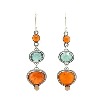 Earrings - Carnelian and Kyanite Drops with Brass Dot