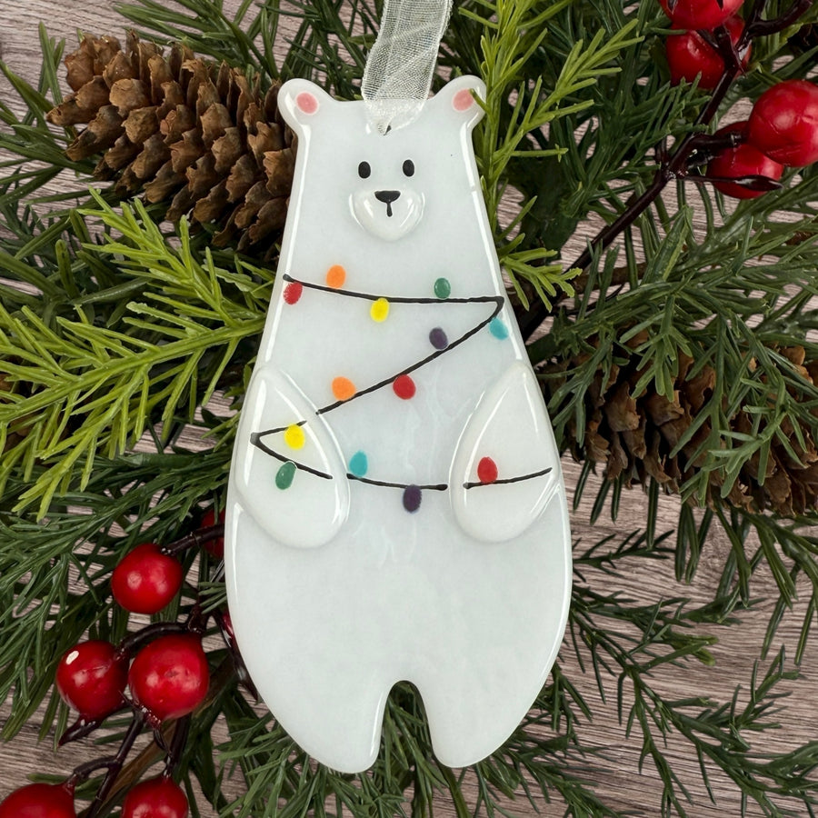 Polar Bear Fairy Light Tree Glass Ornament