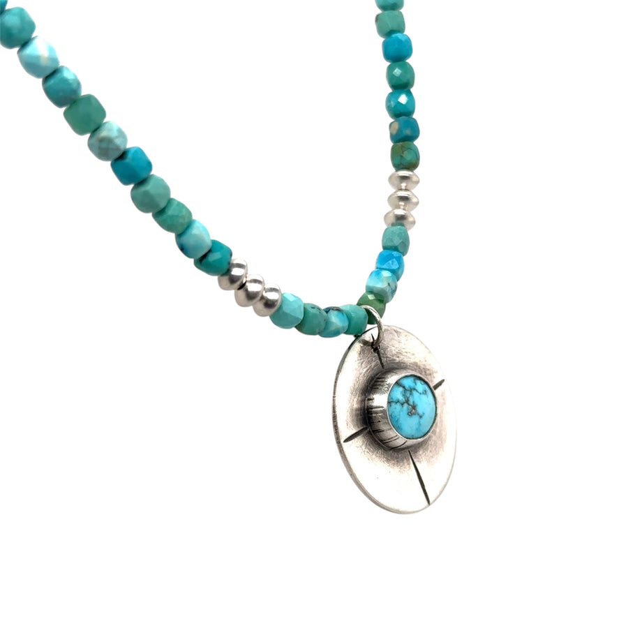 Necklace - Turquoise Shield on Cube Cut Turquoise Beads