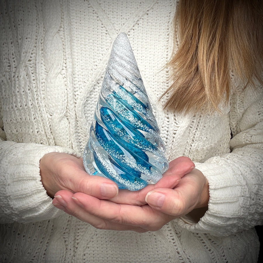 Small Spiral Glass Tree with Snow - Aqua