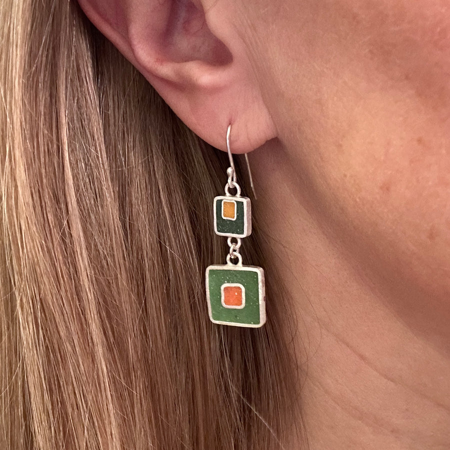 Earrings - Resin - Green, Orange and Marigold Squares