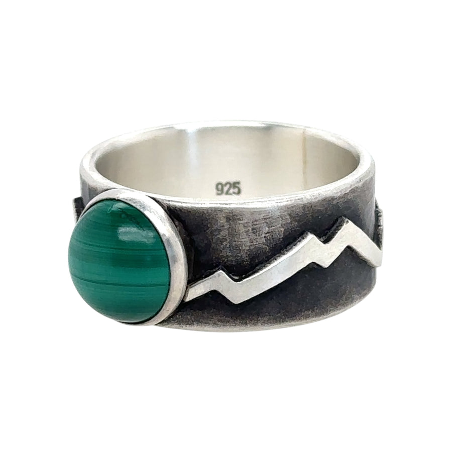 Malachite Ring with Hammered Band and Mountains