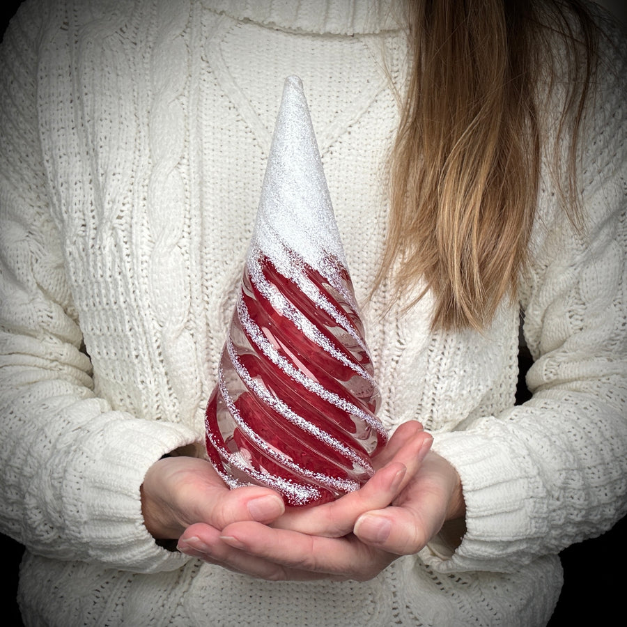 Large Spiral Glass Tree with Snow - Red