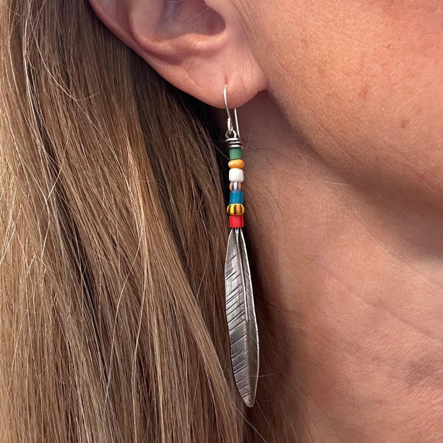 Earrings - Vintage Beads with Feathers