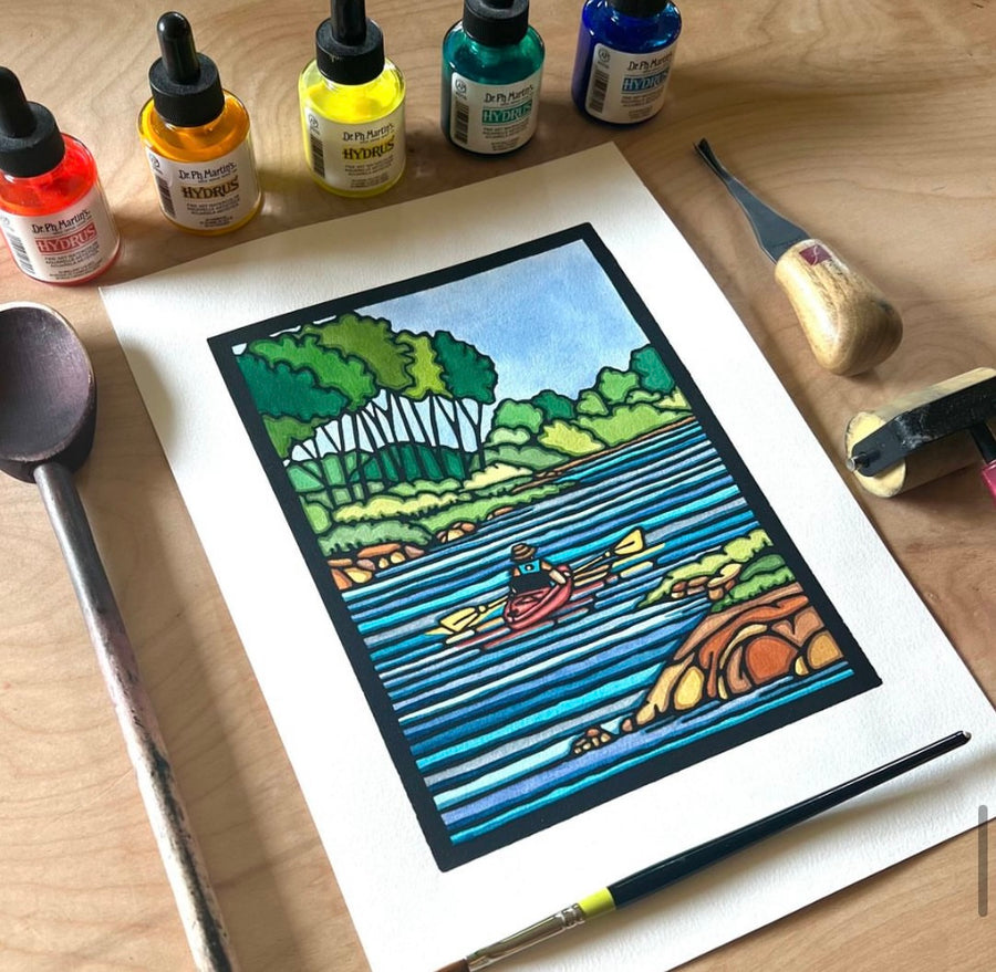 Kayaking - Original Linocut